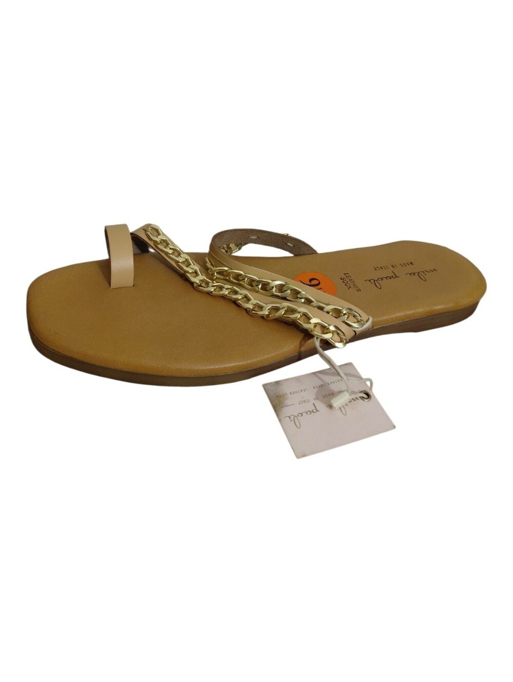 Mila Paoli Chained Strap Toe Loop Leather Slide Sandals